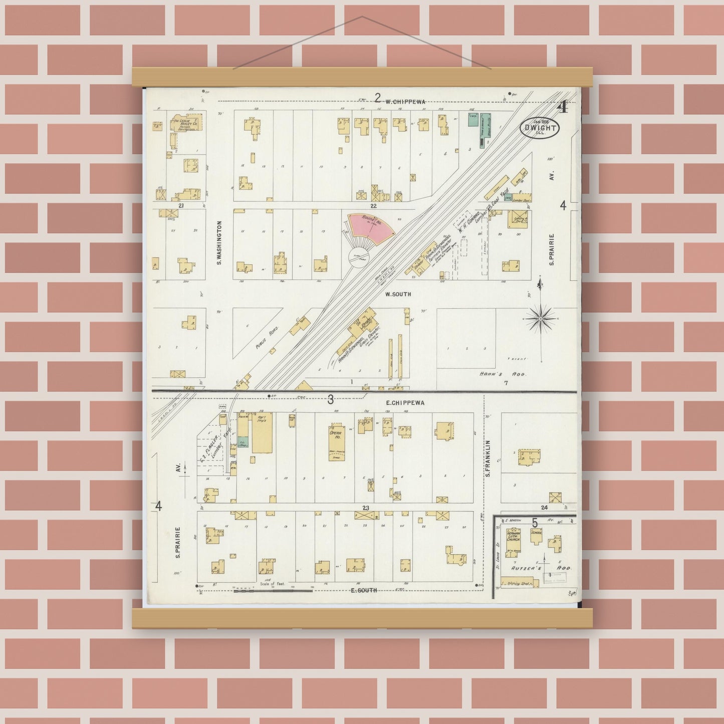 Old map wall art mockup — magnetic wood frame on brick wall — Sanborn Fire Insurance Map from Dwight, Livingston County, Illinois (1898), Sheet #0004