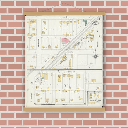 Old map wall art mockup — magnetic wood frame on brick wall — Sanborn Fire Insurance Map from Dwight, Livingston County, Illinois (1898), Sheet #0004