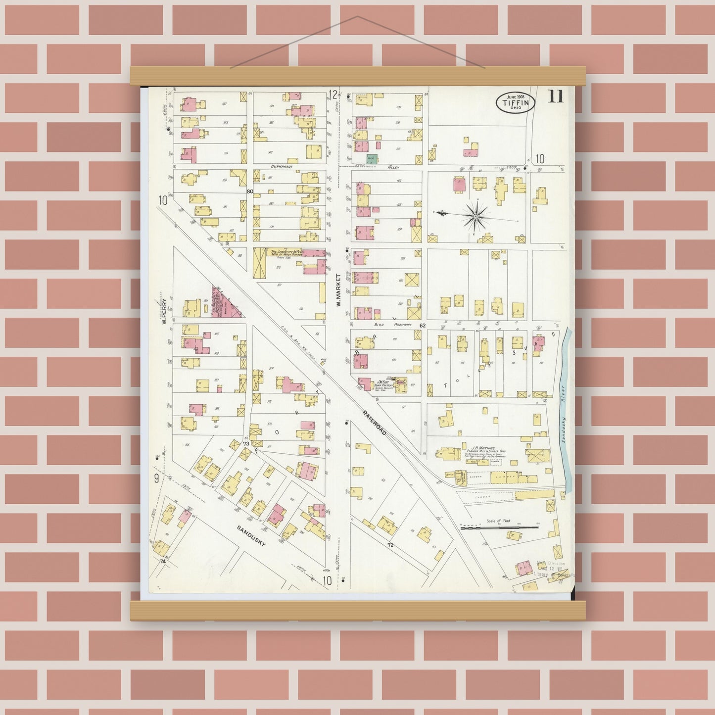 Old map wall art mockup — magnetic wood frame on brick wall — Sanborn Fire Insurance Map from Tiffin, Seneca County, Ohio (1908), Sheet #0011