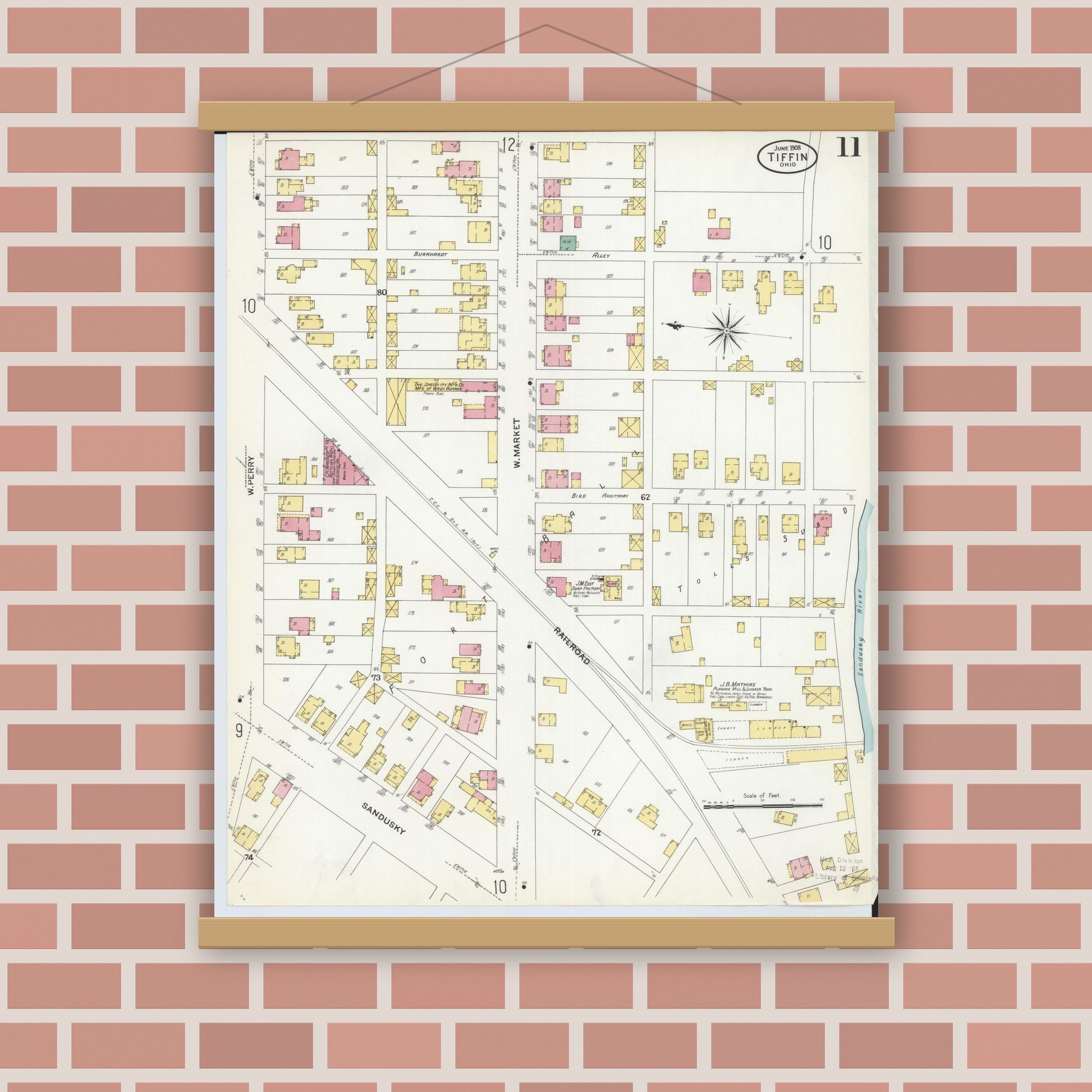 Old map wall art mockup — magnetic wood frame on brick wall — Sanborn Fire Insurance Map from Tiffin, Seneca County, Ohio (1908), Sheet #0011