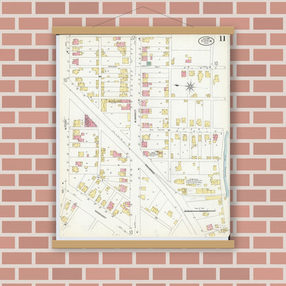 Old map wall art mockup — magnetic wood frame on brick wall — Sanborn Fire Insurance Map from Tiffin, Seneca County, Ohio (1908), Sheet #0011