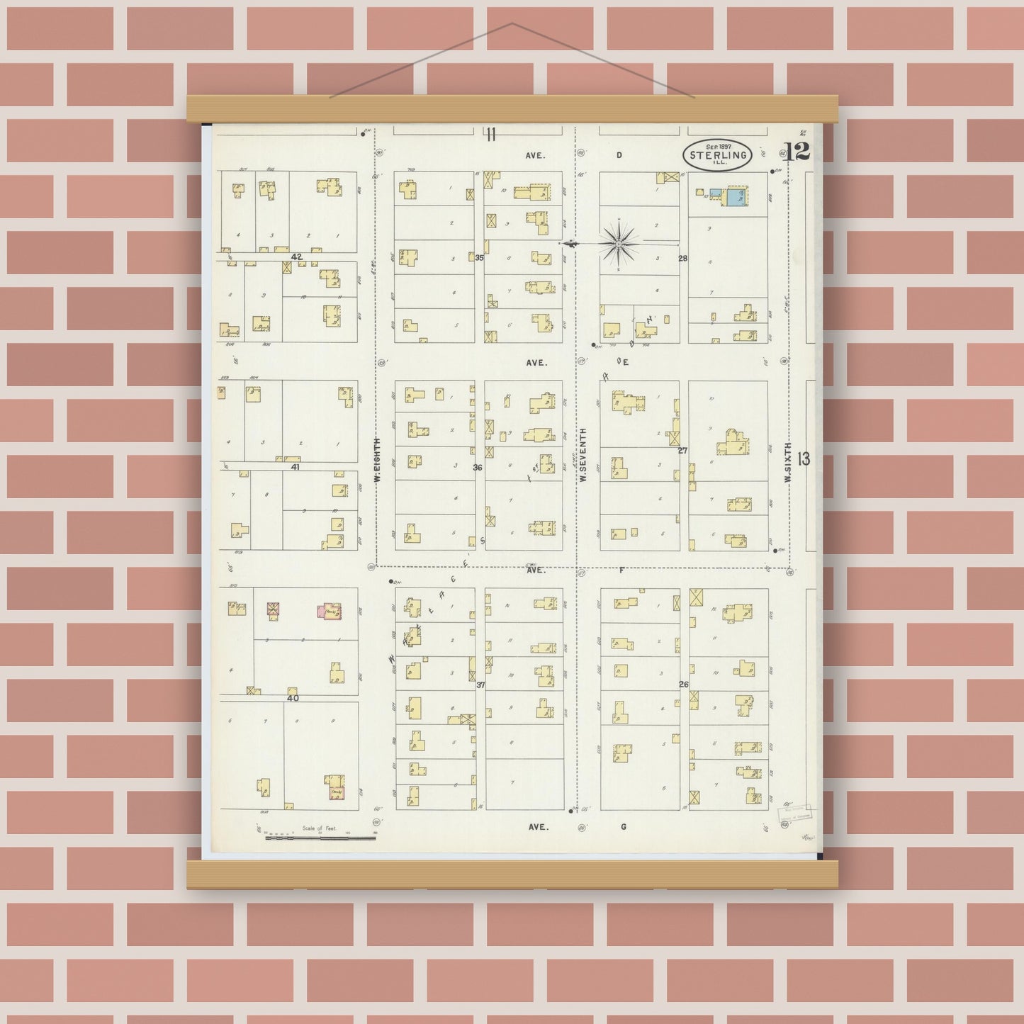 Old map wall art mockup — magnetic wood frame on brick wall — Sanborn Fire Insurance Map from Sterling, Whiteside County, Illinois (1897), Sheet #0012