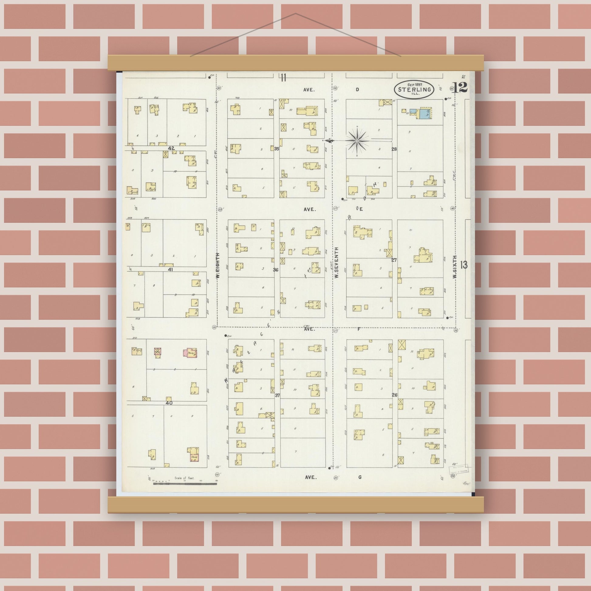 Old map wall art mockup — magnetic wood frame on brick wall — Sanborn Fire Insurance Map from Sterling, Whiteside County, Illinois (1897), Sheet #0012