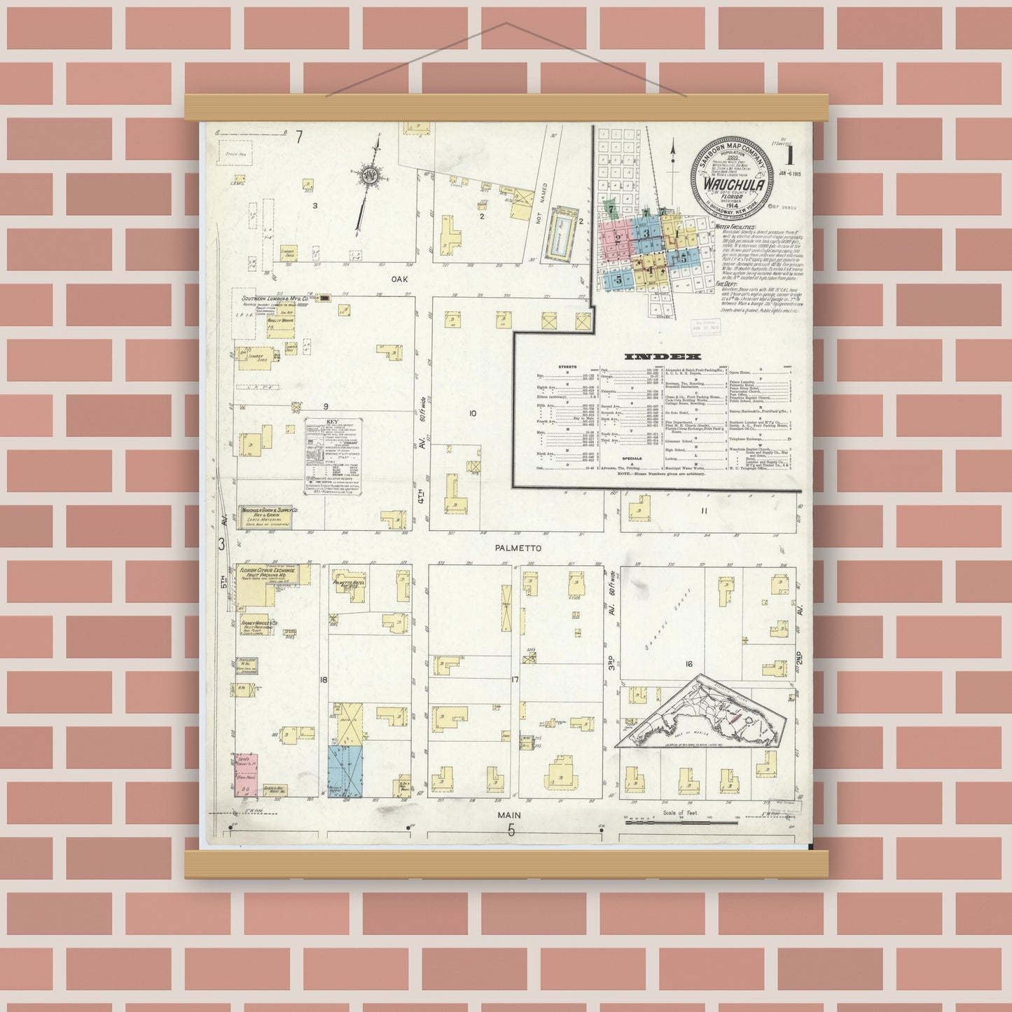 Old map wall art mockup — magnetic wood frame on brick wall — Sanborn Fire Insurance Map from Wauchula, Hardee County, Florida (1914) - Complete Map Set