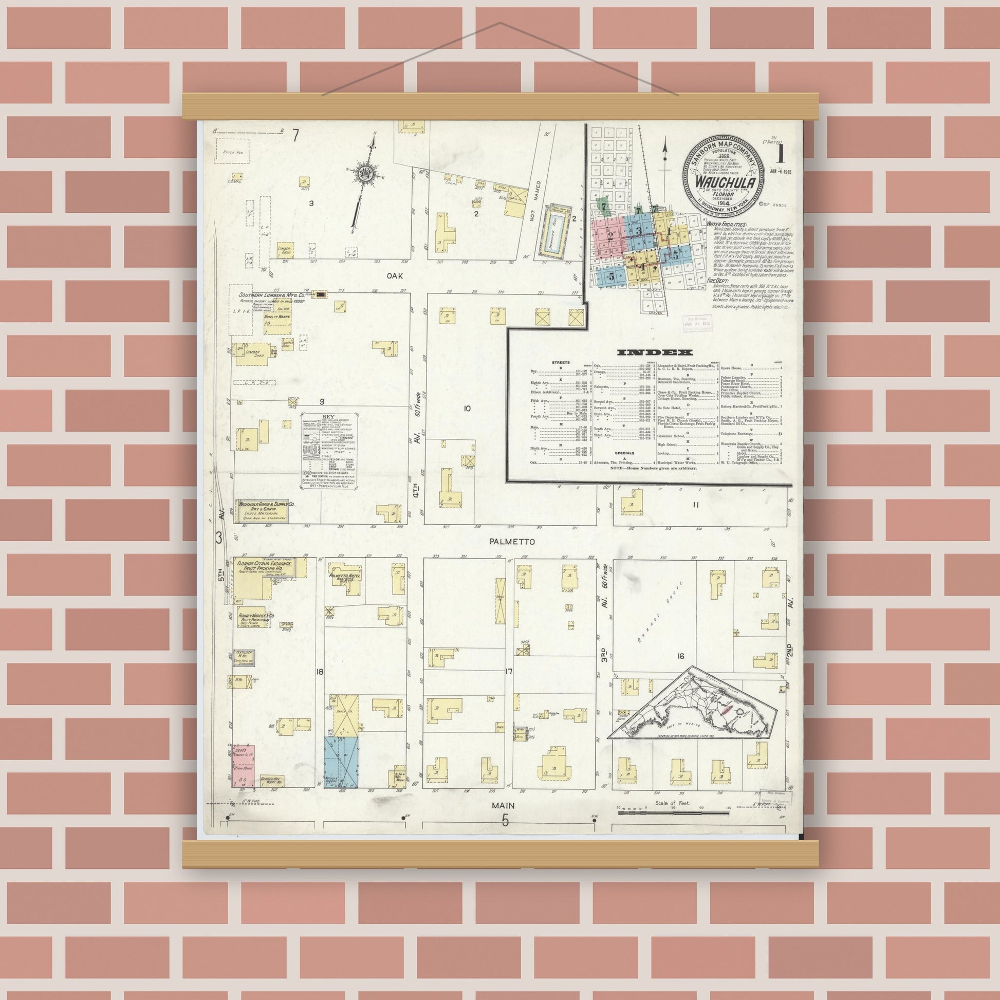 Old map wall art mockup — magnetic wood frame on brick wall — Sanborn Fire Insurance Map from Wauchula, Hardee County, Florida (1914) - Complete Map Set