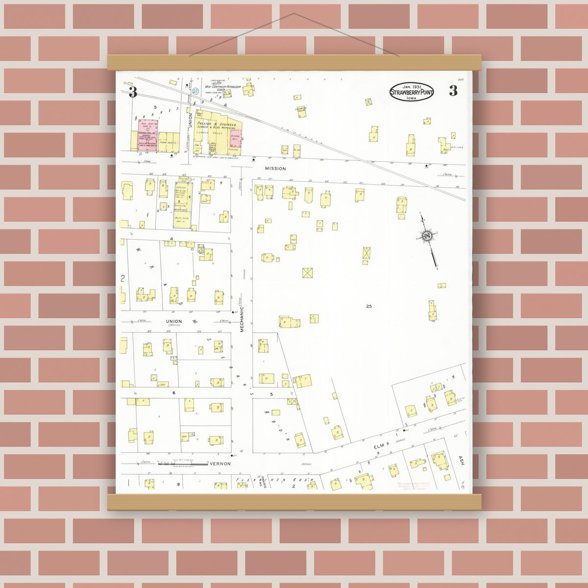 Old map wall art mockup — magnetic wood frame on brick wall — Sanborn Fire Insurance Map from Strawberry Point, Clayton County, Iowa (1931), Sheet #0003