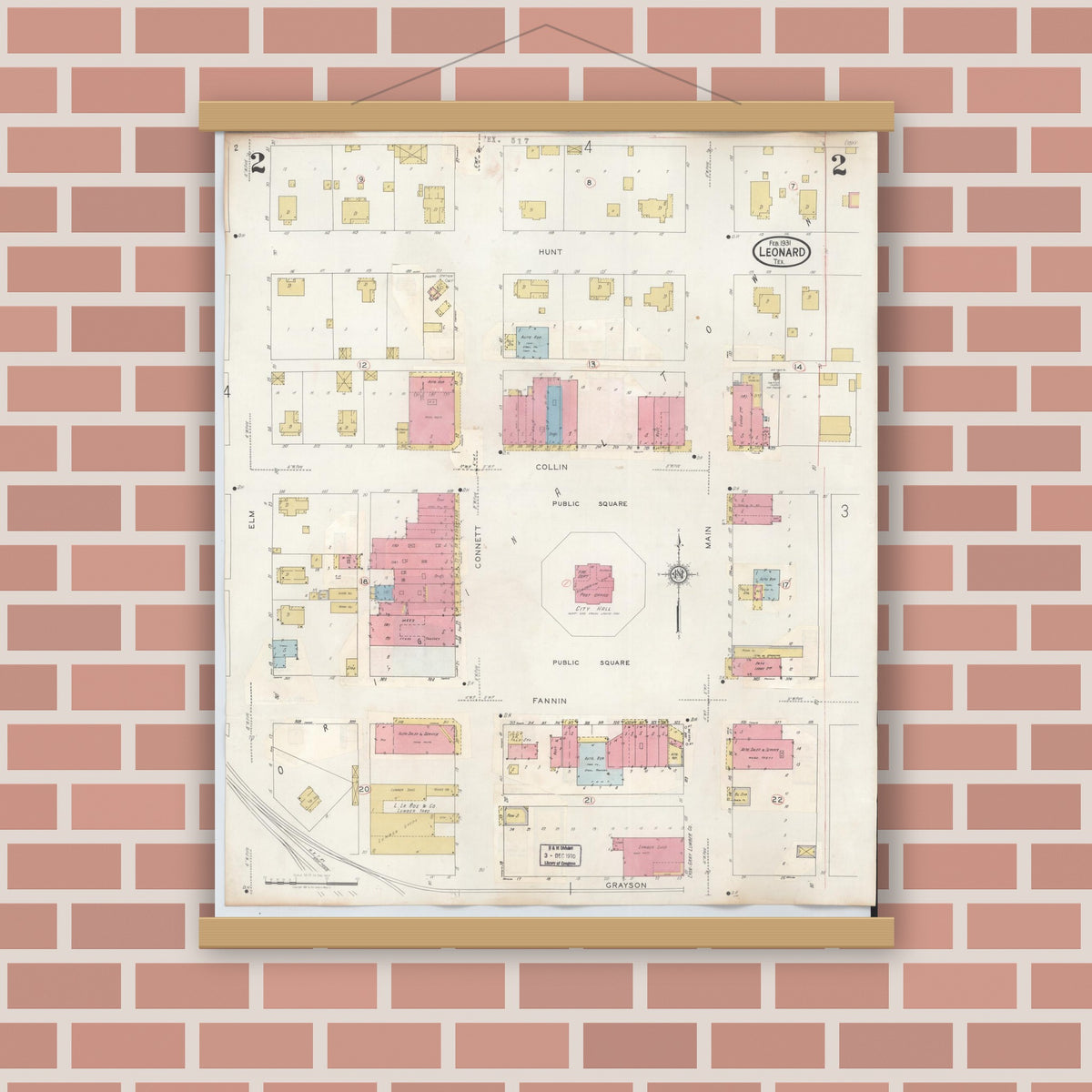 Old map wall art mockup — magnetic wood frame on brick wall — Sanborn Fire Insurance Map from Leonard, Fannin County, Texas (1945), Sheet #0002