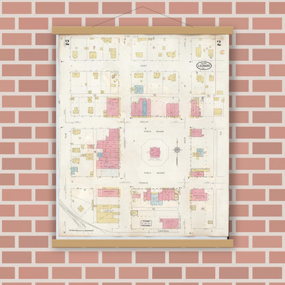 Old map wall art mockup — magnetic wood frame on brick wall — Sanborn Fire Insurance Map from Leonard, Fannin County, Texas (1945), Sheet #0002