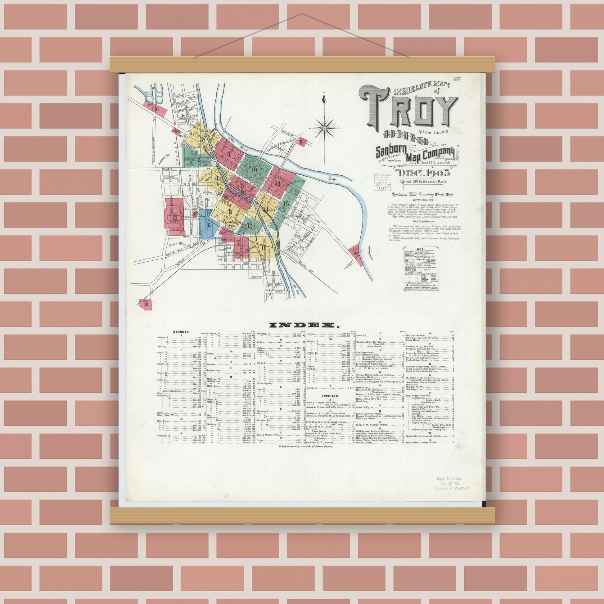 Old map wall art mockup — magnetic wood frame on brick wall — Sanborn Fire Insurance Map from Troy, Miami County, Ohio (1905), Sheet #0001