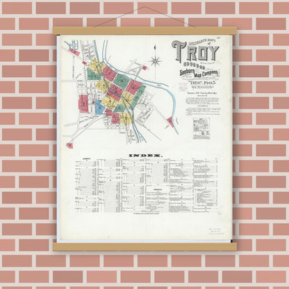 Old map wall art mockup — magnetic wood frame on brick wall — Sanborn Fire Insurance Map from Troy, Miami County, Ohio (1905), Sheet #0001