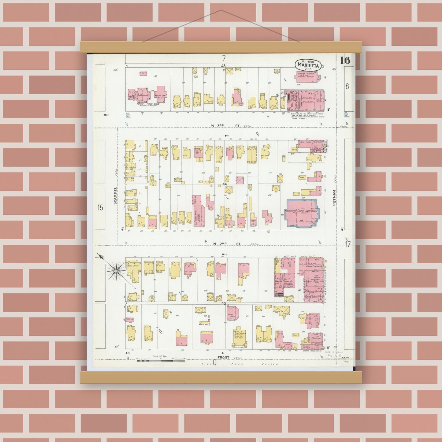 Old map wall art mockup — magnetic wood frame on brick wall — Sanborn Fire Insurance Map from Marietta, Washington County, Ohio (1900), Sheet #0016