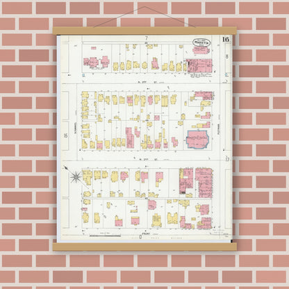 Old map wall art mockup — magnetic wood frame on brick wall — Sanborn Fire Insurance Map from Marietta, Washington County, Ohio (1900), Sheet #0016