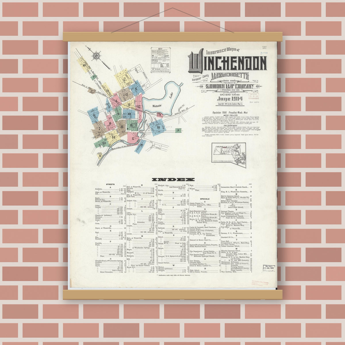 Old map wall art mockup — magnetic wood frame on brick wall — Sanborn Fire Insurance Map from Winchendon, Worcester County, Massachusetts (1914) - Complete Map Set