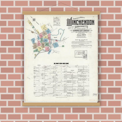 Old map wall art mockup — magnetic wood frame on brick wall — Sanborn Fire Insurance Map from Winchendon, Worcester County, Massachusetts (1914) - Complete Map Set