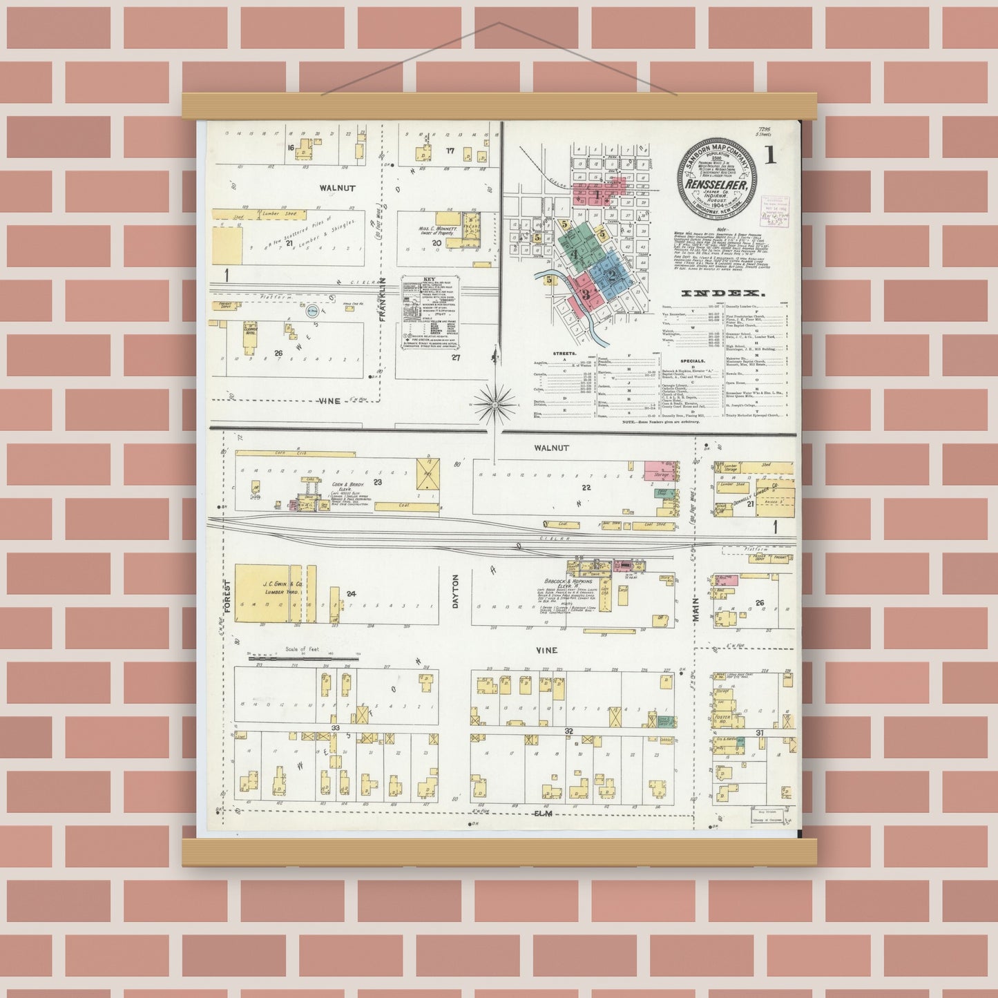 Old map wall art mockup — magnetic wood frame on brick wall — Sanborn Fire Insurance Map from Rensselaer, Jasper County, Indiana (1904) - Complete Map Set