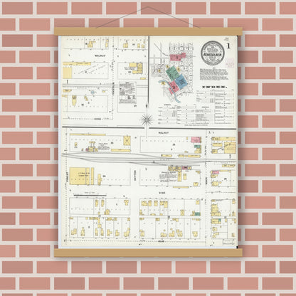 Old map wall art mockup — magnetic wood frame on brick wall — Sanborn Fire Insurance Map from Rensselaer, Jasper County, Indiana (1904) - Complete Map Set