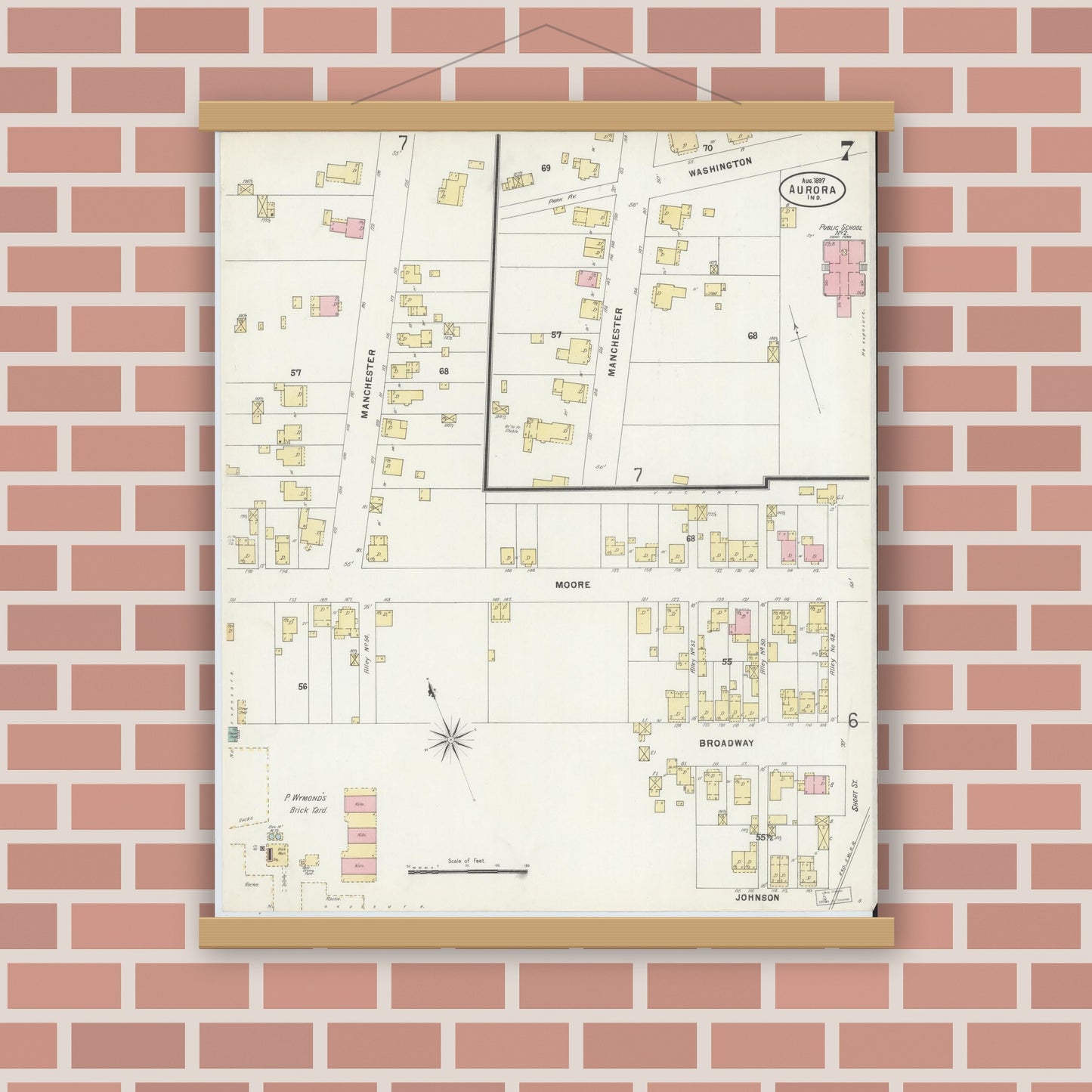 Old map wall art mockup — magnetic wood frame on brick wall — Sanborn Fire Insurance Map from Aurora, Dearborn County, Indiana (1897), Sheet #0007