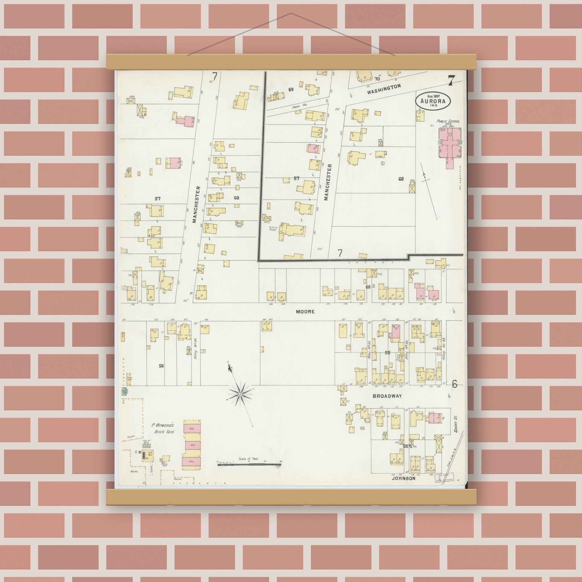 Old map wall art mockup — magnetic wood frame on brick wall — Sanborn Fire Insurance Map from Aurora, Dearborn County, Indiana (1897), Sheet #0007