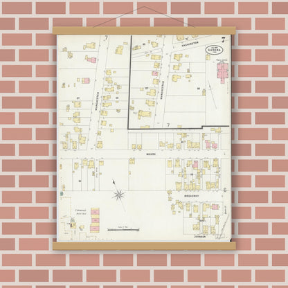Old map wall art mockup — magnetic wood frame on brick wall — Sanborn Fire Insurance Map from Aurora, Dearborn County, Indiana (1897), Sheet #0007