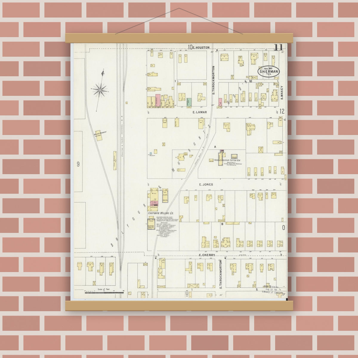 Old map wall art mockup — magnetic wood frame on brick wall — Sanborn Fire Insurance Map from Sherman, Grayson County, Texas (1897), Sheet #0011