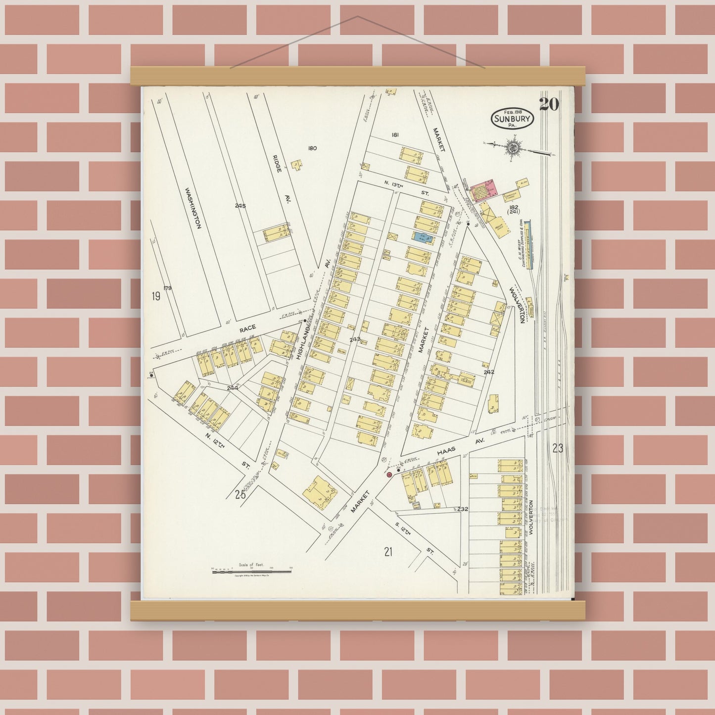 Old map wall art mockup — magnetic wood frame on brick wall — Sanborn Fire Insurance Map from Sunbury, Northumberland County, Pennsylvania (1918), Sheet #0020