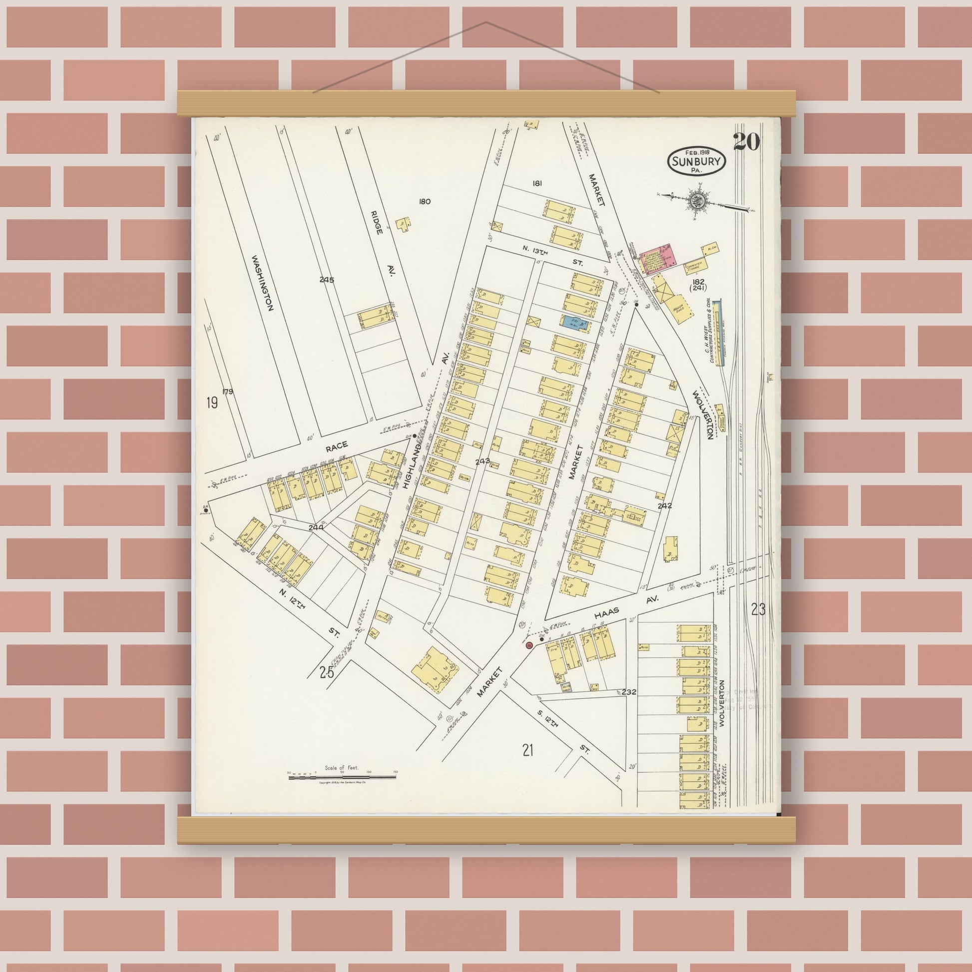 Old map wall art mockup — magnetic wood frame on brick wall — Sanborn Fire Insurance Map from Sunbury, Northumberland County, Pennsylvania (1918), Sheet #0020