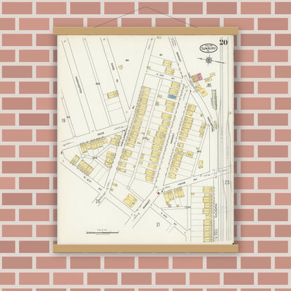 Old map wall art mockup — magnetic wood frame on brick wall — Sanborn Fire Insurance Map from Sunbury, Northumberland County, Pennsylvania (1918), Sheet #0020