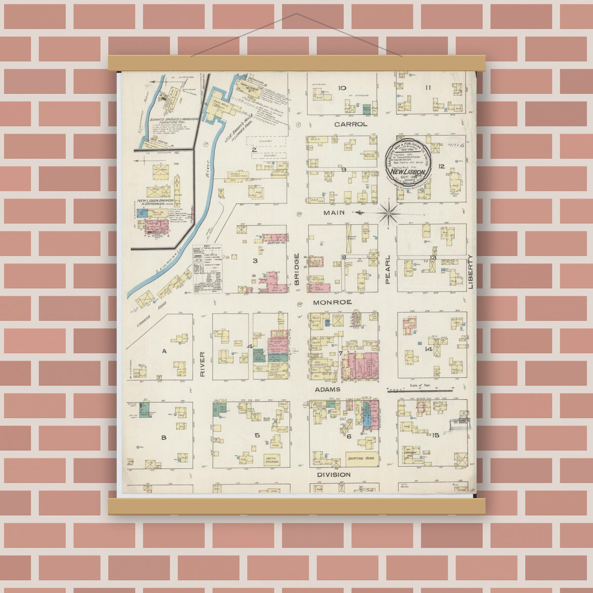 Old map wall art mockup — magnetic wood frame on brick wall — Sanborn Fire Insurance Map from New Lisbon, Juneau County, Wisconsin (1885), Sheet #0001