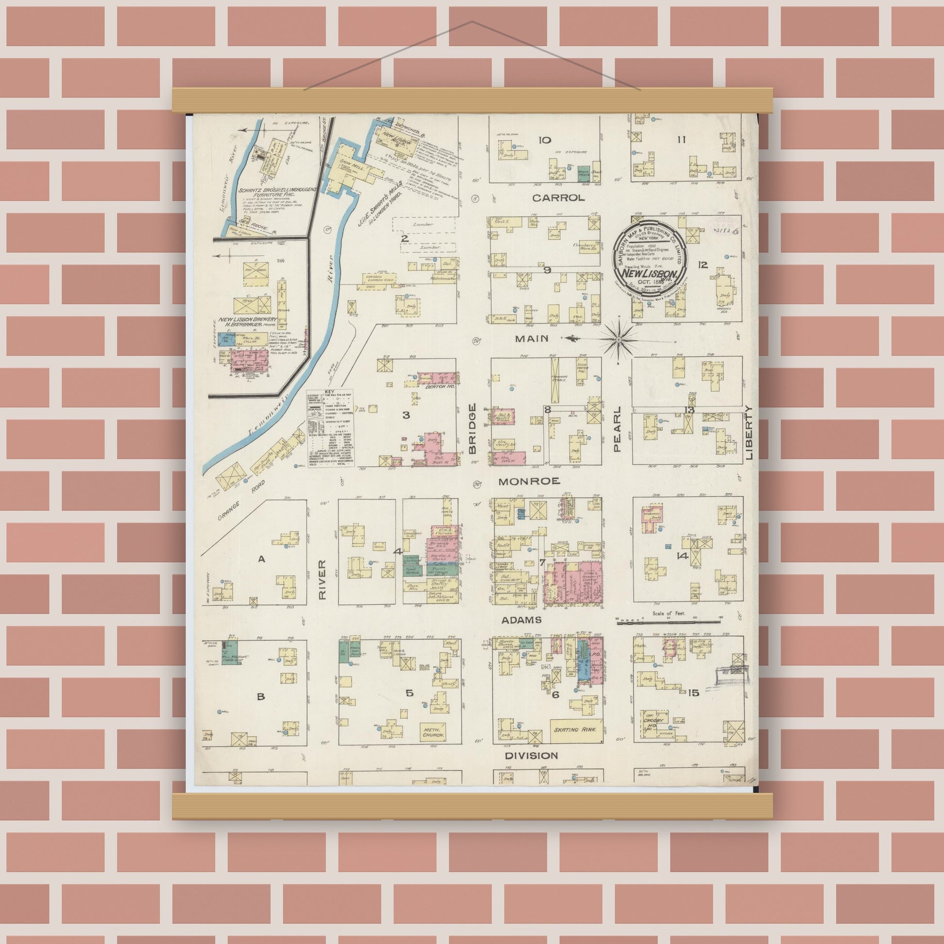 Old map wall art mockup — magnetic wood frame on brick wall — Sanborn Fire Insurance Map from New Lisbon, Juneau County, Wisconsin (1885), Sheet #0001
