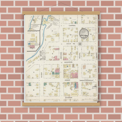 Old map wall art mockup — magnetic wood frame on brick wall — Sanborn Fire Insurance Map from New Lisbon, Juneau County, Wisconsin (1885), Sheet #0001