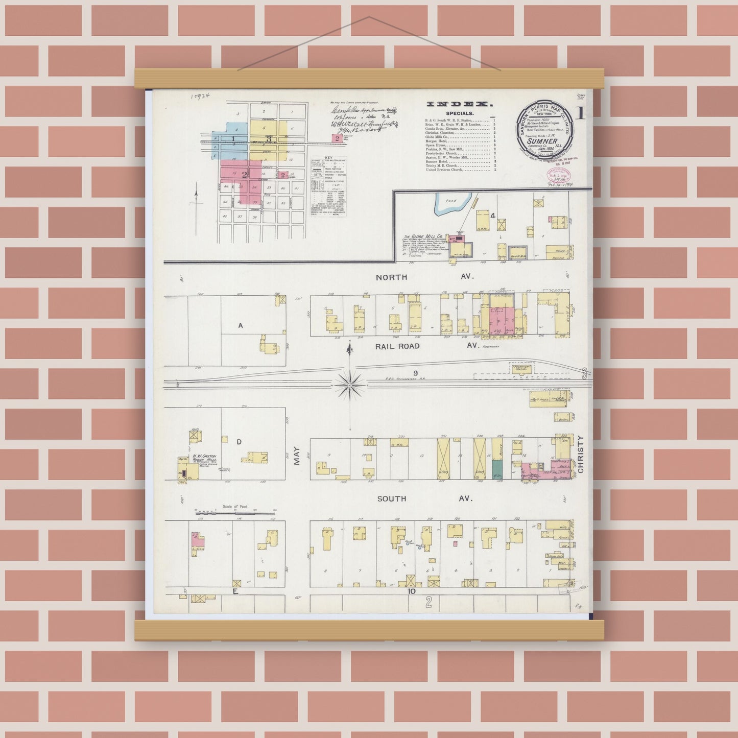 Old map wall art mockup — magnetic wood frame on brick wall — Sanborn Fire Insurance Map from Sumner, Lawrence County, Illinois (1894) - Complete Map Set