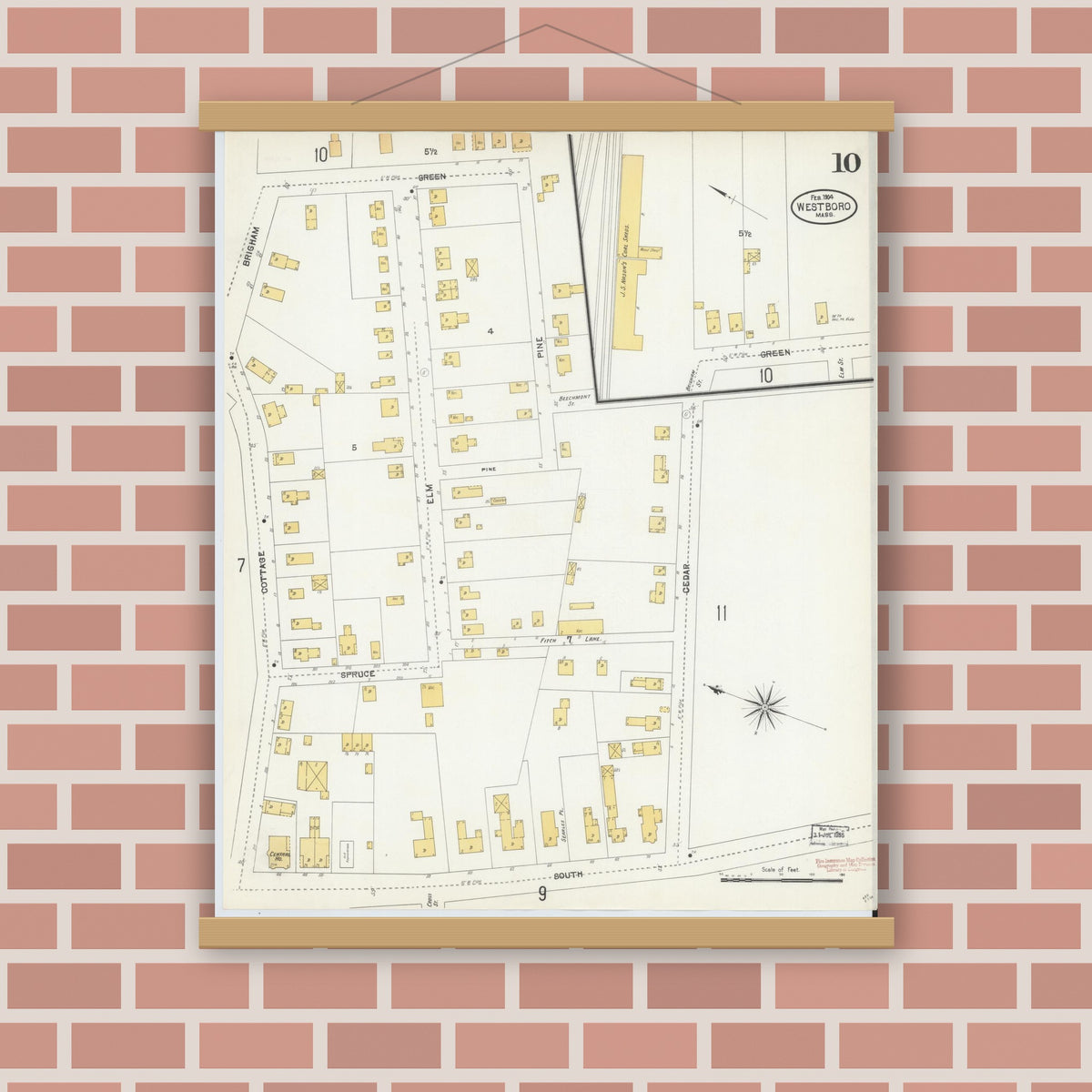 Old map wall art mockup — magnetic wood frame on brick wall — Sanborn Fire Insurance Map from Westboro, Worcester County, Massachusetts (1904), Sheet #0010