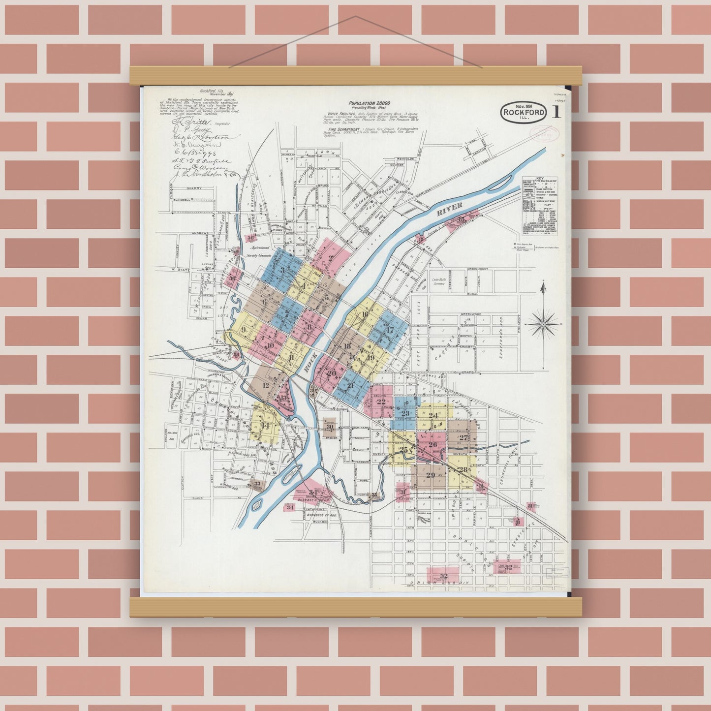 Old map wall art mockup — magnetic wood frame on brick wall — Sanborn Fire Insurance Map from Rockford, Winnebago County, Illinois (1891) - Complete Map Set
