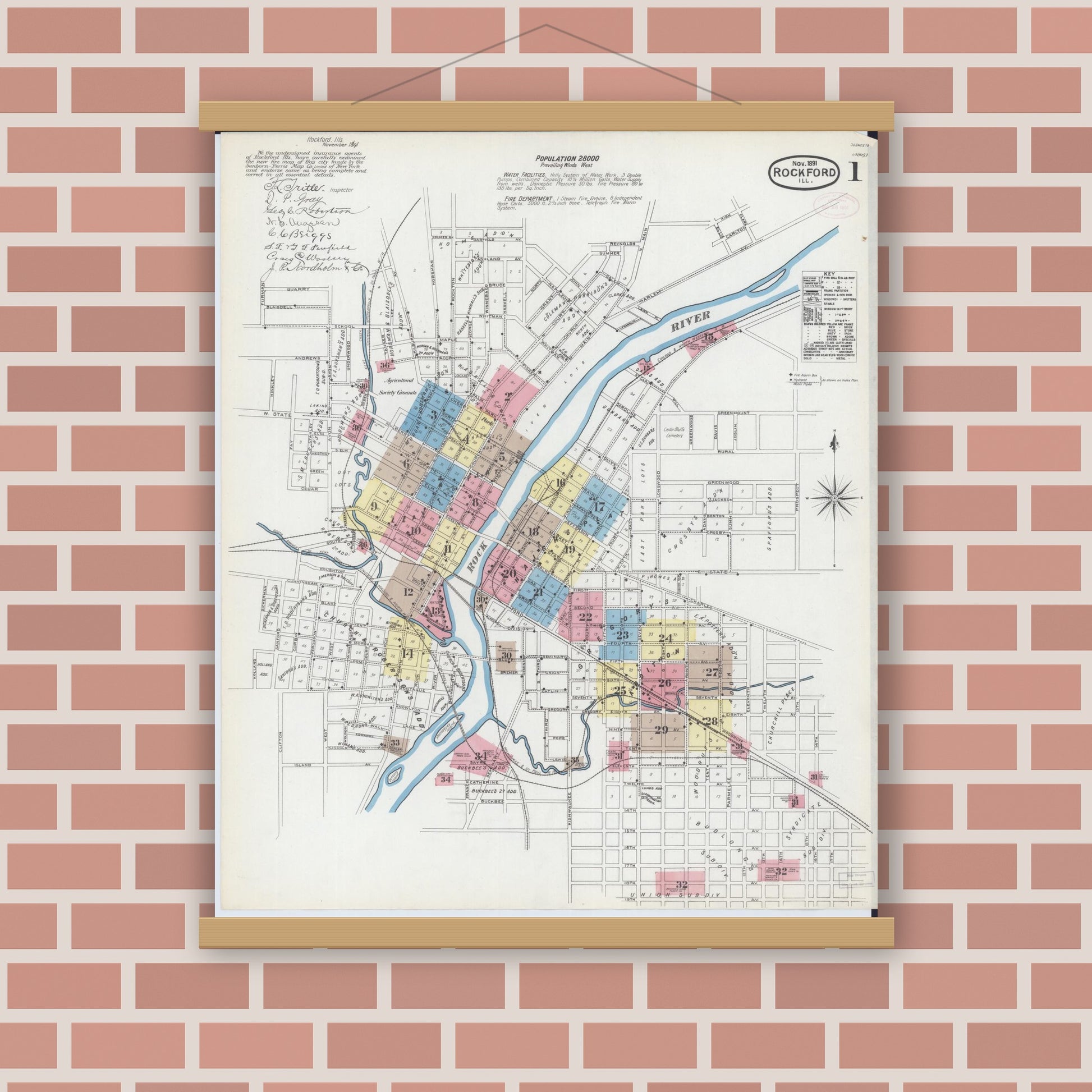 Old map wall art mockup — magnetic wood frame on brick wall — Sanborn Fire Insurance Map from Rockford, Winnebago County, Illinois (1891) - Complete Map Set