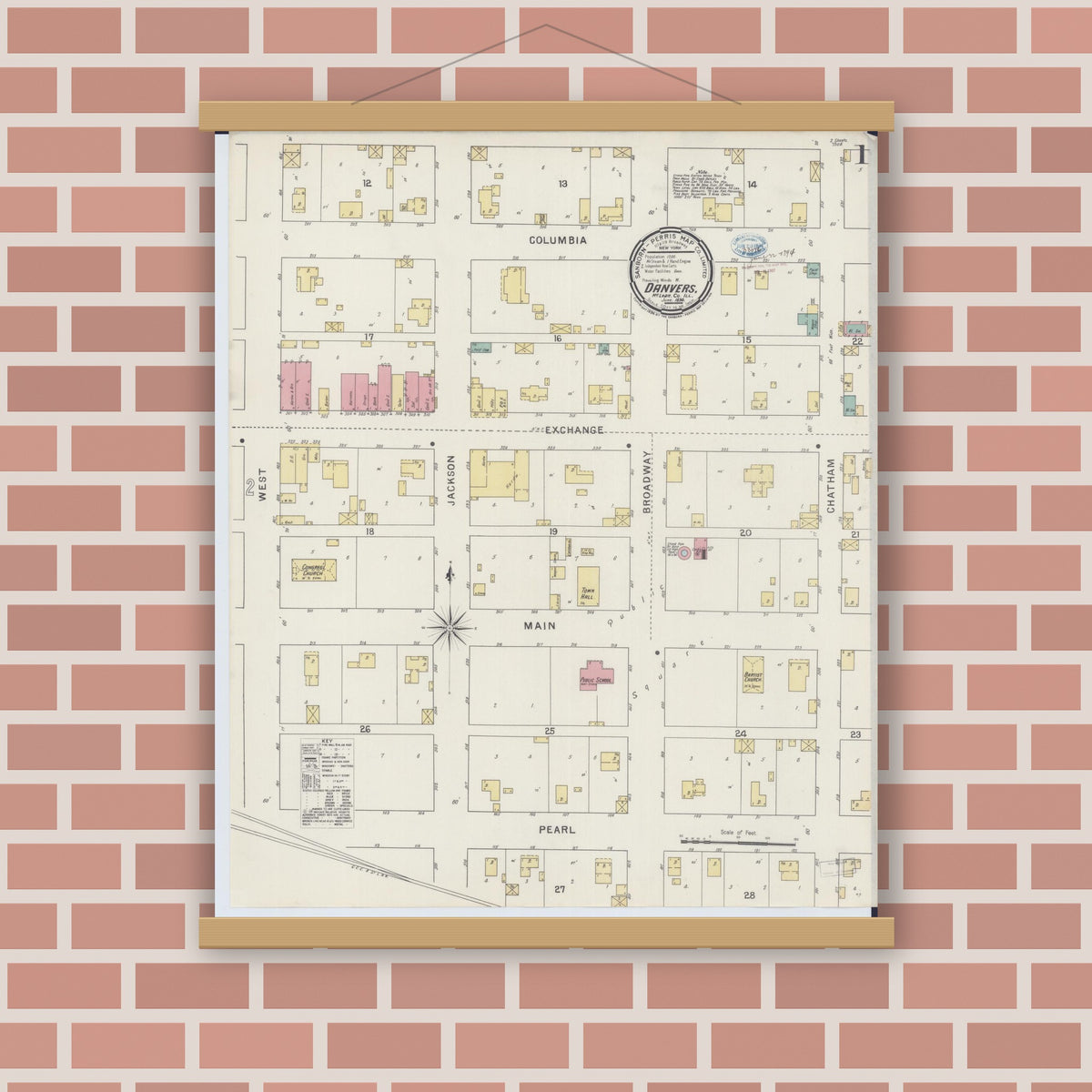 Old map wall art mockup — magnetic wood frame on brick wall — Sanborn Fire Insurance Map from Danvers, McLean County, Illinois (1894) - Complete Map Set