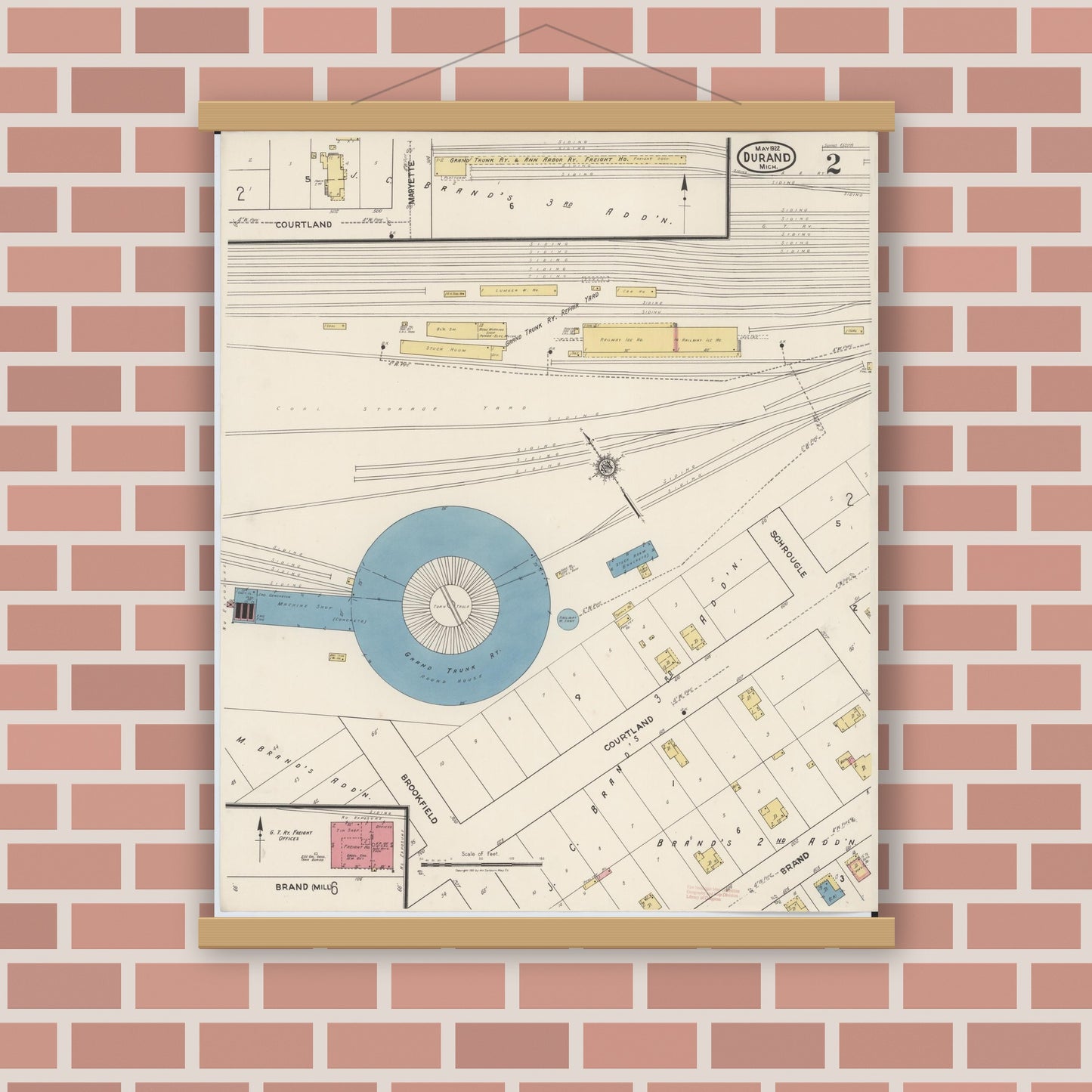 Old map wall art mockup — magnetic wood frame on brick wall — Sanborn Fire Insurance Map from Durand, Shiawassee County, Michigan (1922), Sheet #0002