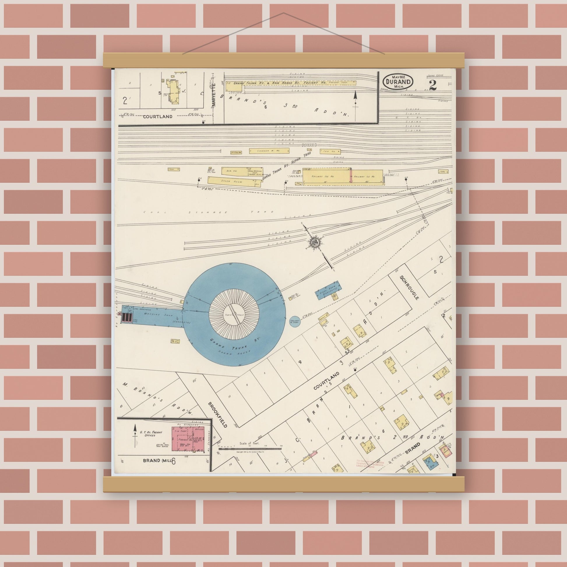 Old map wall art mockup — magnetic wood frame on brick wall — Sanborn Fire Insurance Map from Durand, Shiawassee County, Michigan (1922), Sheet #0002