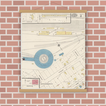Old map wall art mockup — magnetic wood frame on brick wall — Sanborn Fire Insurance Map from Durand, Shiawassee County, Michigan (1922), Sheet #0002