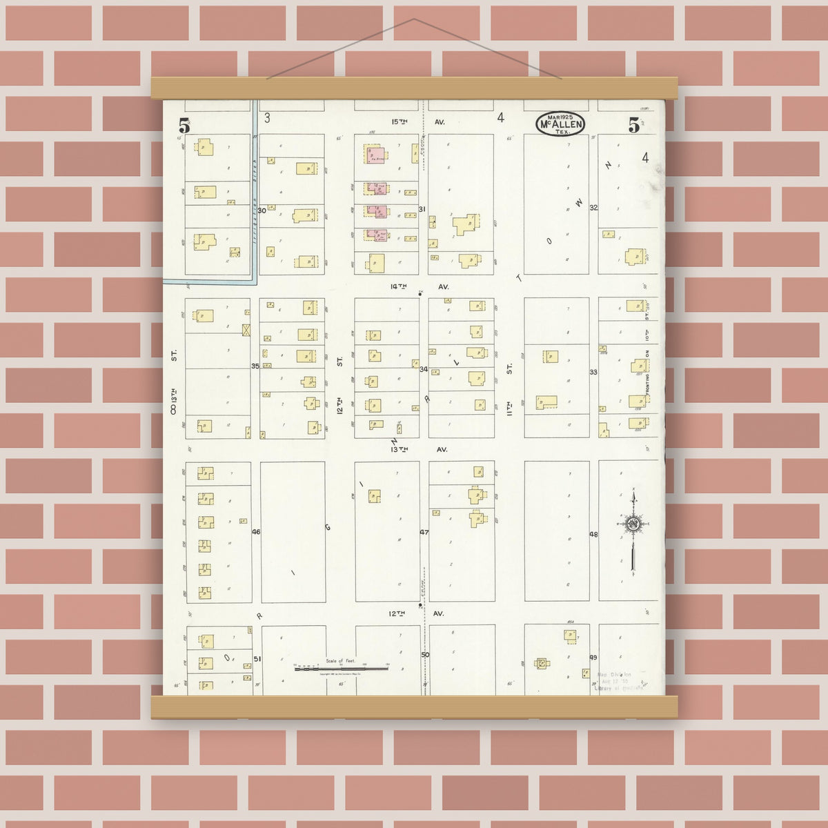 Old map wall art mockup — magnetic wood frame on brick wall — Sanborn Fire Insurance Map from McAllen, Hidalgo County, Texas (1925), Sheet #0005