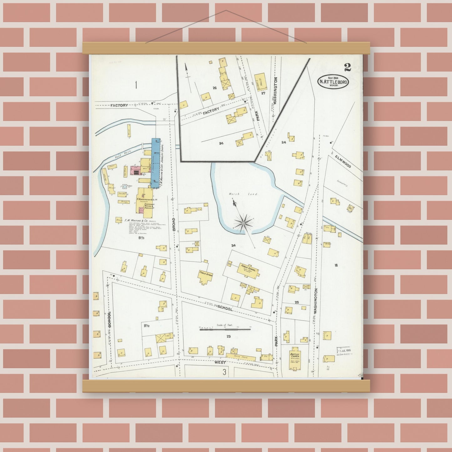 Old map wall art mockup — magnetic wood frame on brick wall — Sanborn Fire Insurance Map from North Attleborough, Bristol County, Massachusetts (1904), Sheet #0002