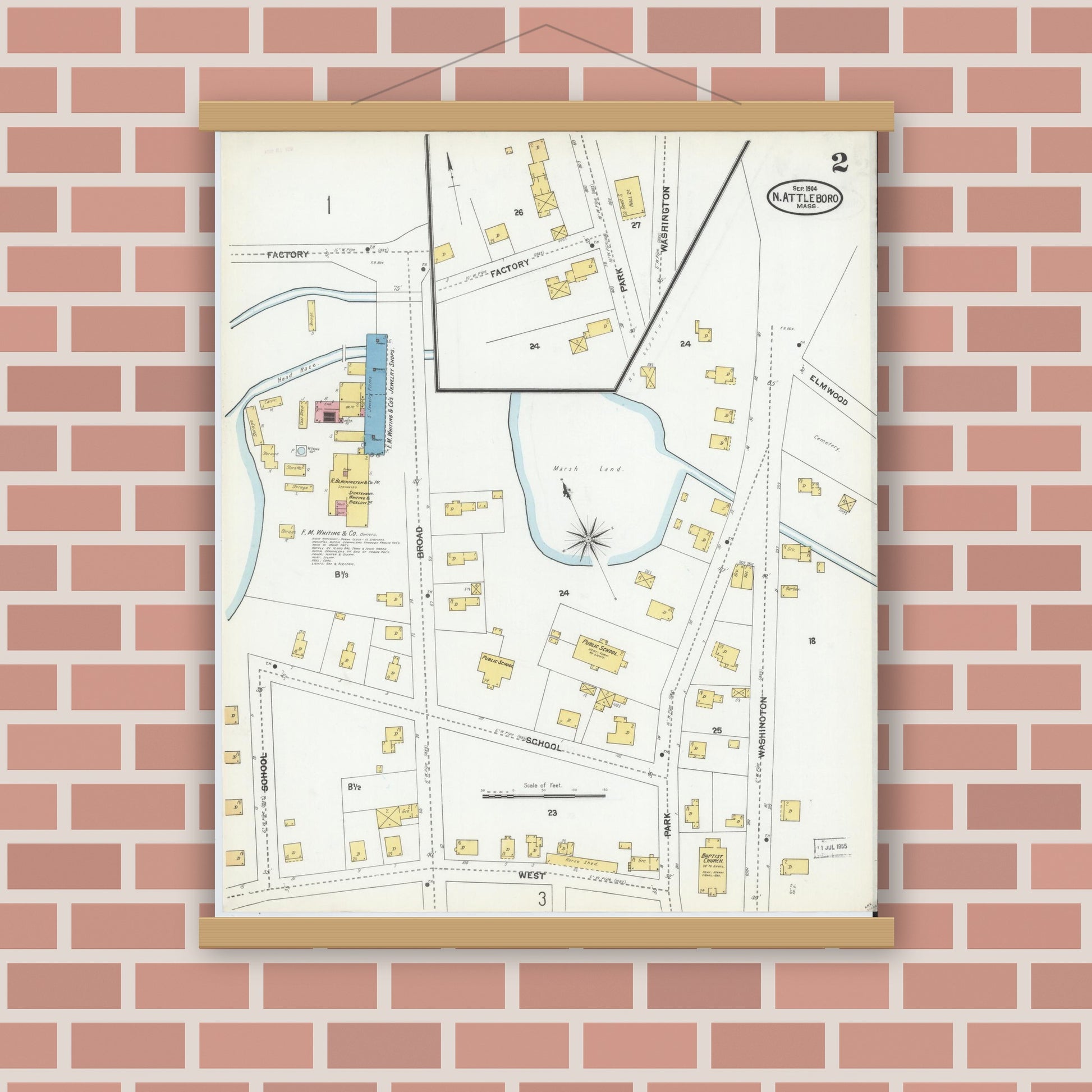 Old map wall art mockup — magnetic wood frame on brick wall — Sanborn Fire Insurance Map from North Attleborough, Bristol County, Massachusetts (1904), Sheet #0002