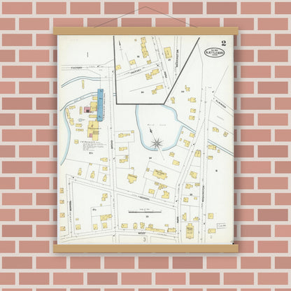 Old map wall art mockup — magnetic wood frame on brick wall — Sanborn Fire Insurance Map from North Attleborough, Bristol County, Massachusetts (1904), Sheet #0002