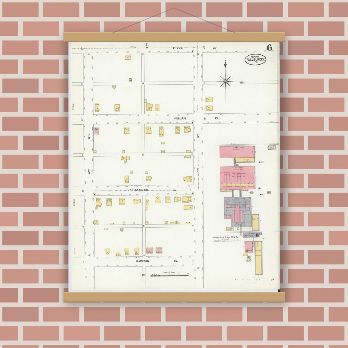 Old map wall art mockup — magnetic wood frame on brick wall — Sanborn Fire Insurance Map from Falls Creek, Jefferson And Clearfield Counties, Pennsylvania (1906), Sheet #0006