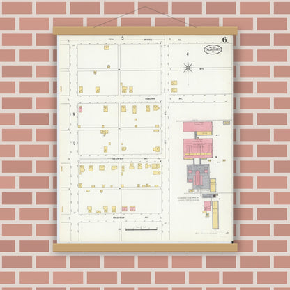 Old map wall art mockup — magnetic wood frame on brick wall — Sanborn Fire Insurance Map from Falls Creek, Jefferson And Clearfield Counties, Pennsylvania (1906), Sheet #0006