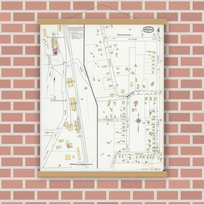 Old map wall art mockup — magnetic wood frame on brick wall — Sanborn Fire Insurance Map from Warsaw, Wyoming County, New York (1919), Sheet #0004