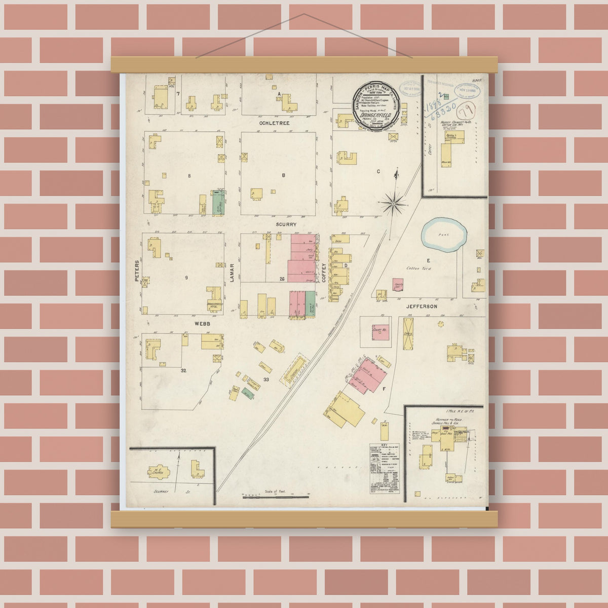 Old map wall art mockup — magnetic wood frame on brick wall — Sanborn Fire Insurance Map from Daingerfield, Morris County, Texas (1898), Sheet #0001