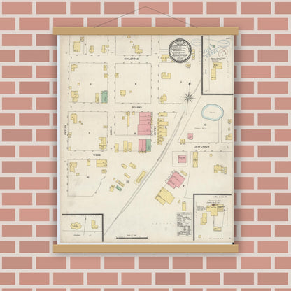 Old map wall art mockup — magnetic wood frame on brick wall — Sanborn Fire Insurance Map from Daingerfield, Morris County, Texas (1898), Sheet #0001