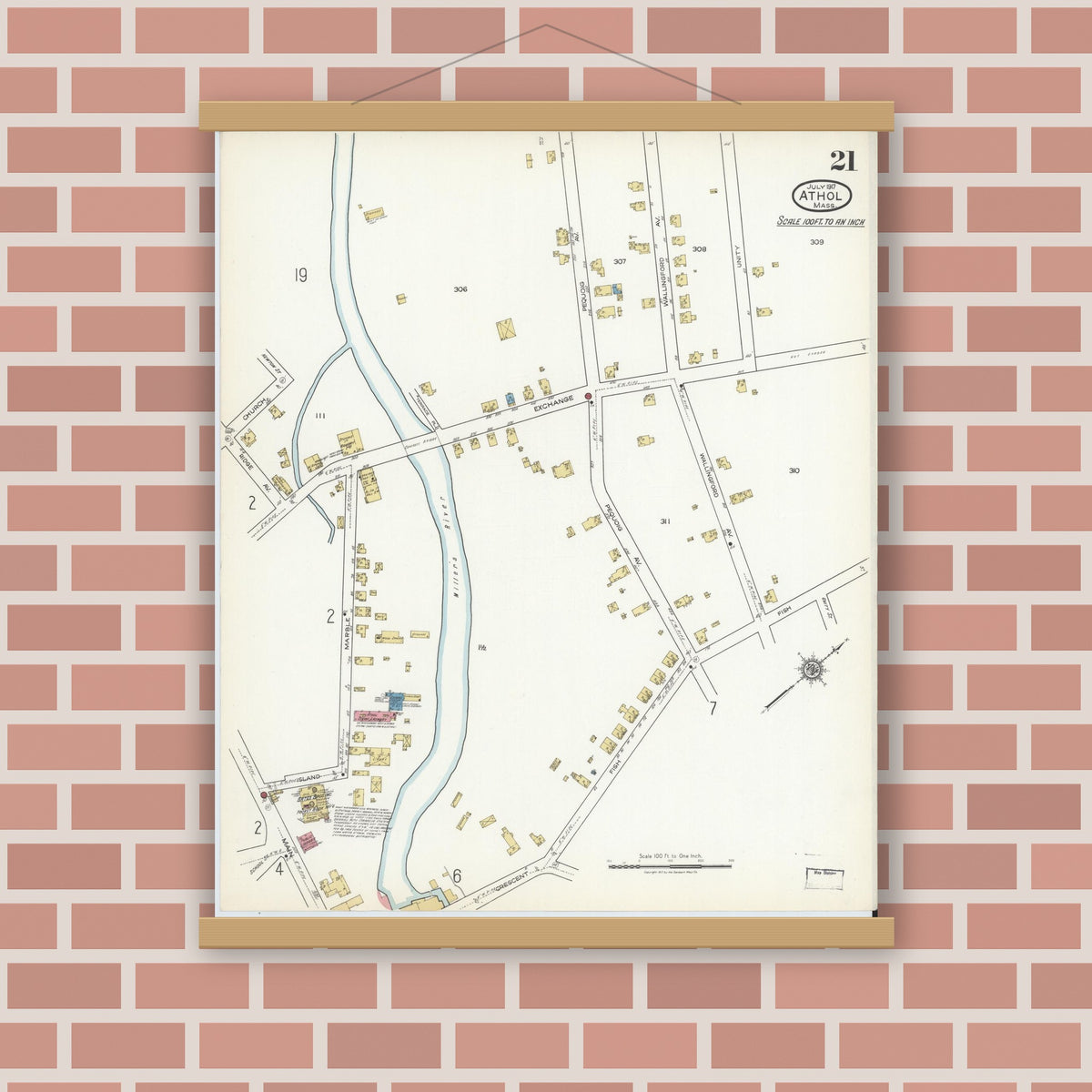 Old map wall art mockup — magnetic wood frame on brick wall — Sanborn Fire Insurance Map from Athol, Worcester County, Massachusetts (1917), Sheet #0021