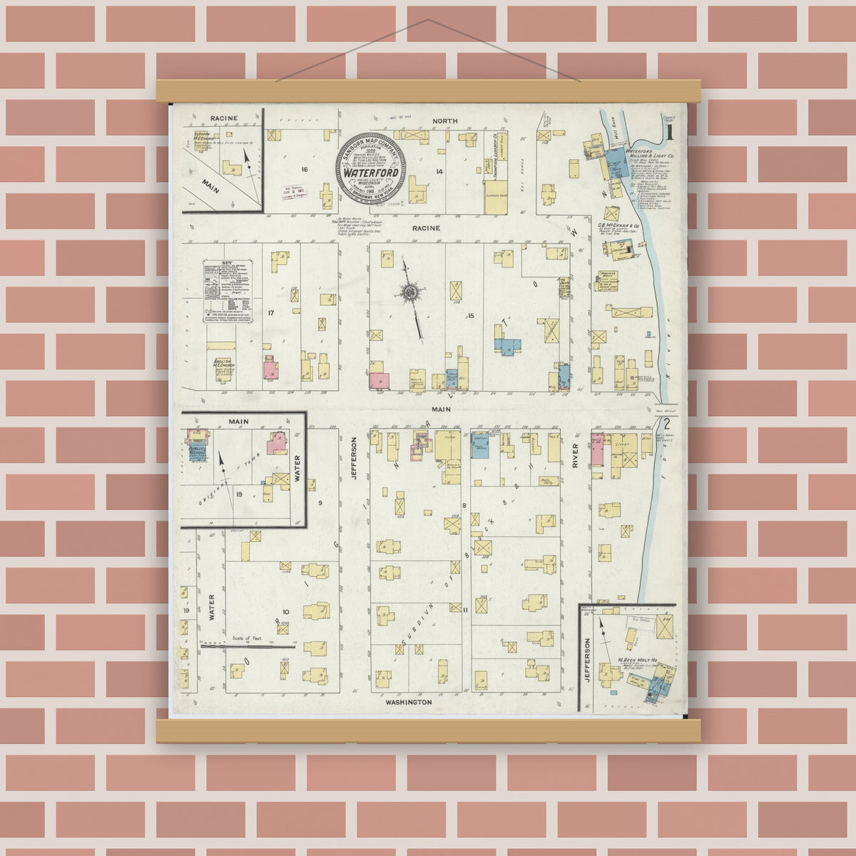 Old map wall art mockup — magnetic wood frame on brick wall — Sanborn Fire Insurance Map from Waterford, Racine County, Wisconsin (1911) - Complete Map Set