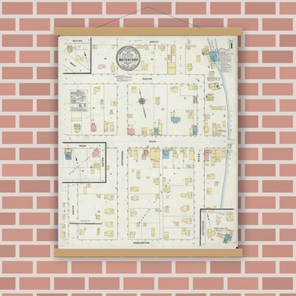 Old map wall art mockup — magnetic wood frame on brick wall — Sanborn Fire Insurance Map from Waterford, Racine County, Wisconsin (1911) - Complete Map Set